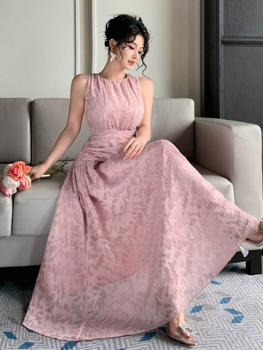 SHEIN DAZY فستان وردي طويل بقماش ذو ملمس مموج