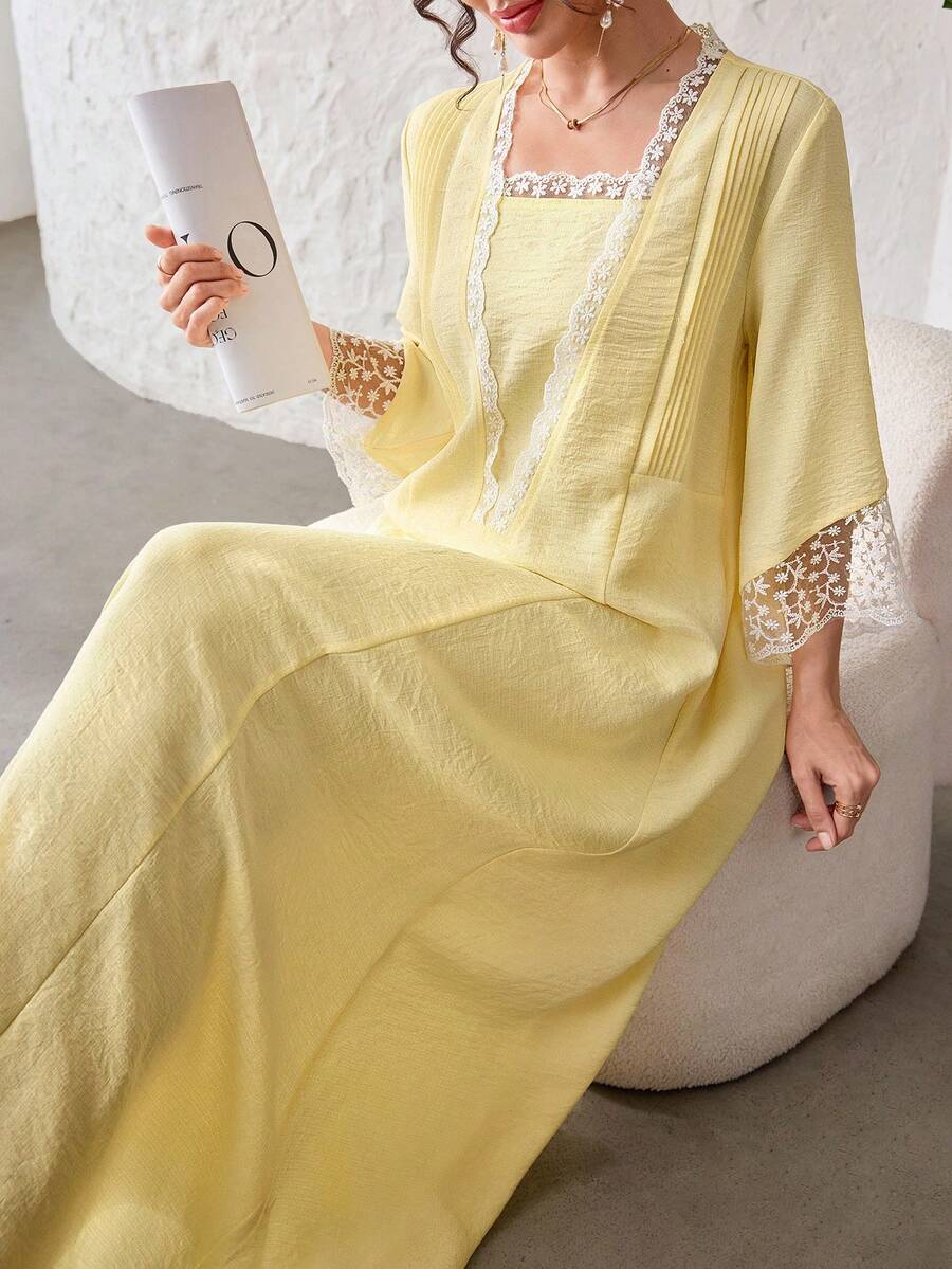 SHEIN Yasmyna فستان عربي من الدانتيل المرقع بكشكشة وأكمام طويلة فضفاضة