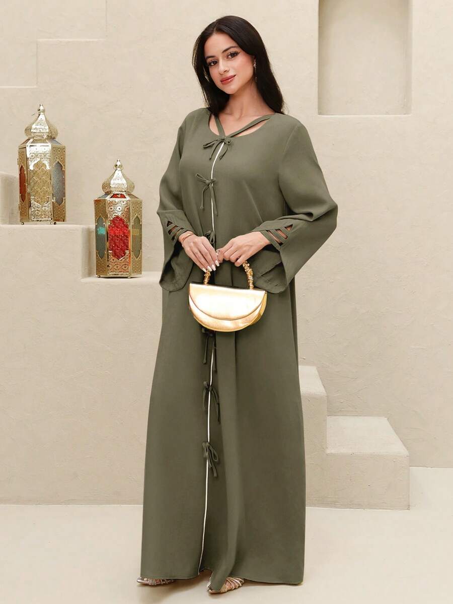 SHEIN Yasmyna فستان عربي بلون أخضر عسكري بأربطة من الدانتيل