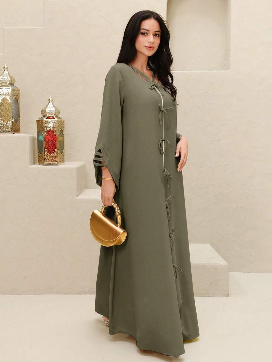 SHEIN Yasmyna فستان عربي بلون أخضر عسكري بأربطة من الدانتيل