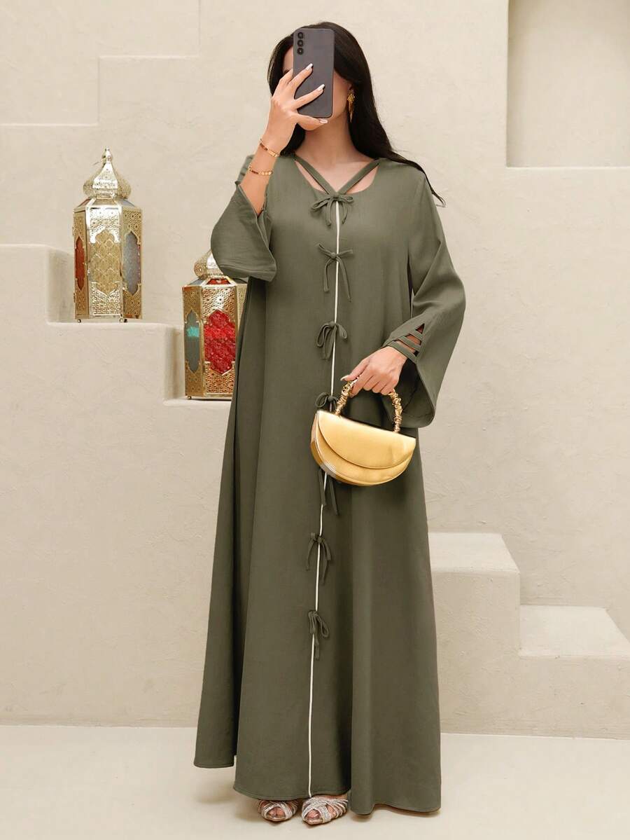 SHEIN Yasmyna فستان عربي بلون أخضر عسكري بأربطة من الدانتيل