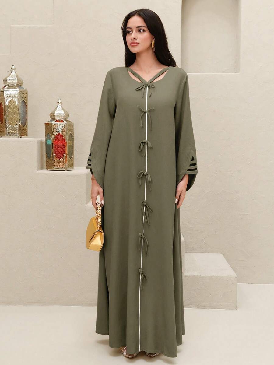 SHEIN Yasmyna فستان عربي بلون أخضر عسكري بأربطة من الدانتيل