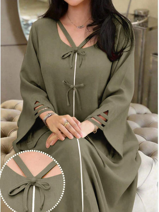 SHEIN Yasmyna فستان عربي بلون أخضر عسكري بأربطة من الدانتيل