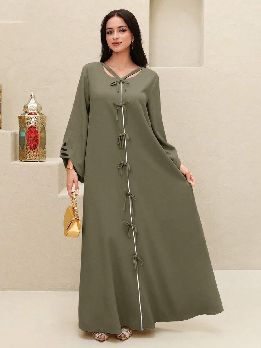 SHEIN Yasmyna فستان عربي بلون أخضر عسكري بأربطة من الدانتيل