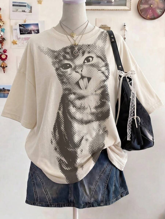 SHEIN INAWLY تي شيرت نسائي بطبعة قطة كاجوال