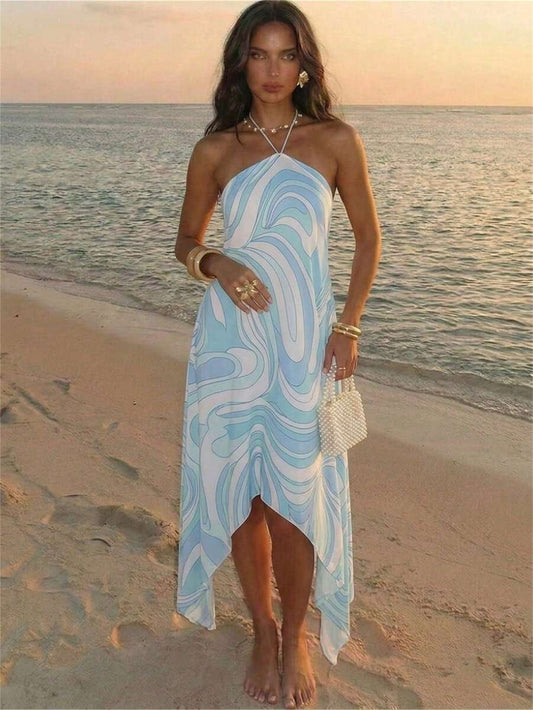 SHEIN Aloruh فستان مطبوع بنقشة متموجة وربطة معدنية أنيق