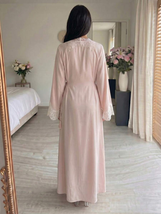 SHEIN Yasmyna فستان عربي وردي بأكمام طويلة من الدانتيل وربطة خصر