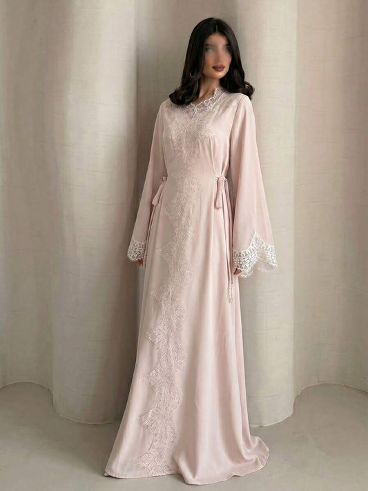 SHEIN Yasmyna فستان عربي وردي بأكمام طويلة من الدانتيل وربطة خصر