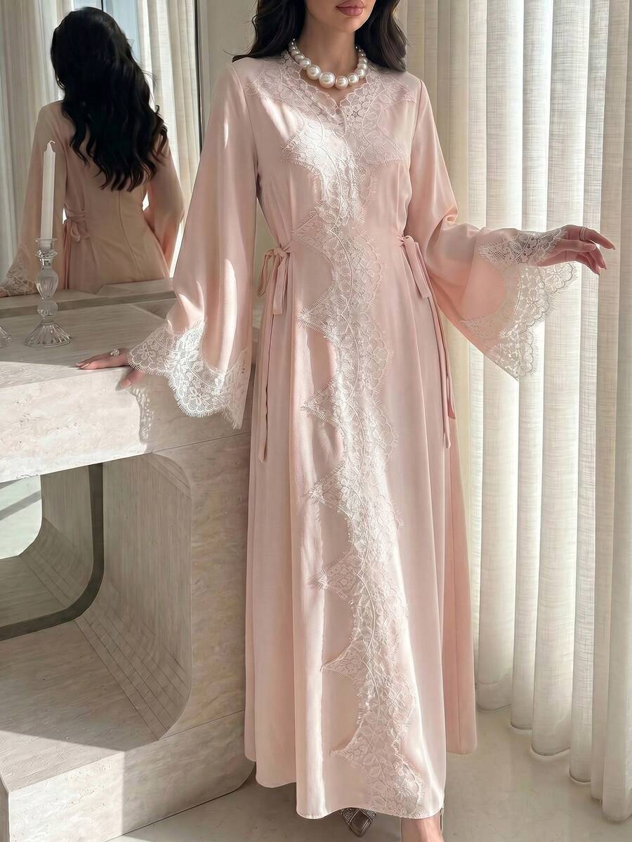 SHEIN Yasmyna فستان عربي وردي بأكمام طويلة من الدانتيل وربطة خصر