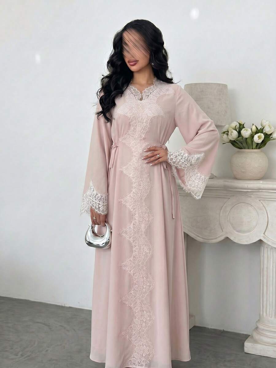 SHEIN Yasmyna فستان عربي وردي بأكمام طويلة من الدانتيل وربطة خصر