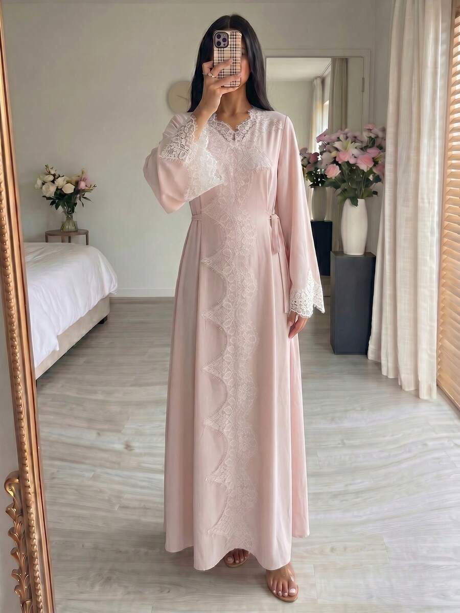 SHEIN Yasmyna فستان عربي وردي بأكمام طويلة من الدانتيل وربطة خصر