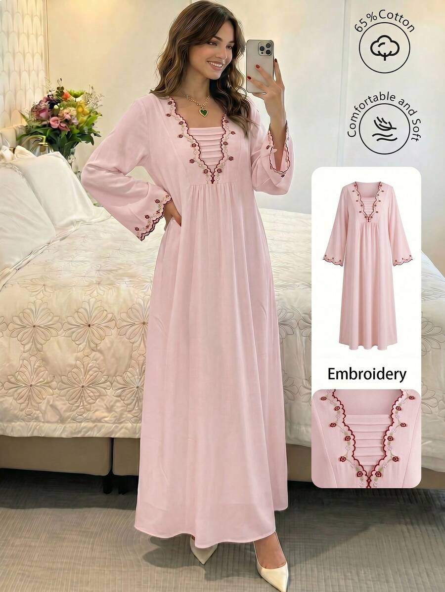 SHEIN Al Najma فستان وردي أنيق بأكمام واسعة مطرزة