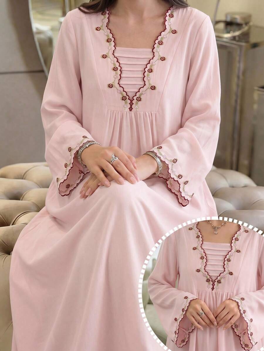 SHEIN Al Najma فستان وردي أنيق بأكمام واسعة مطرزة