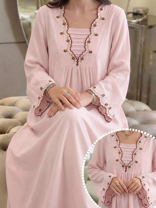 SHEIN Al Najma فستان وردي أنيق بأكمام واسعة مطرزة