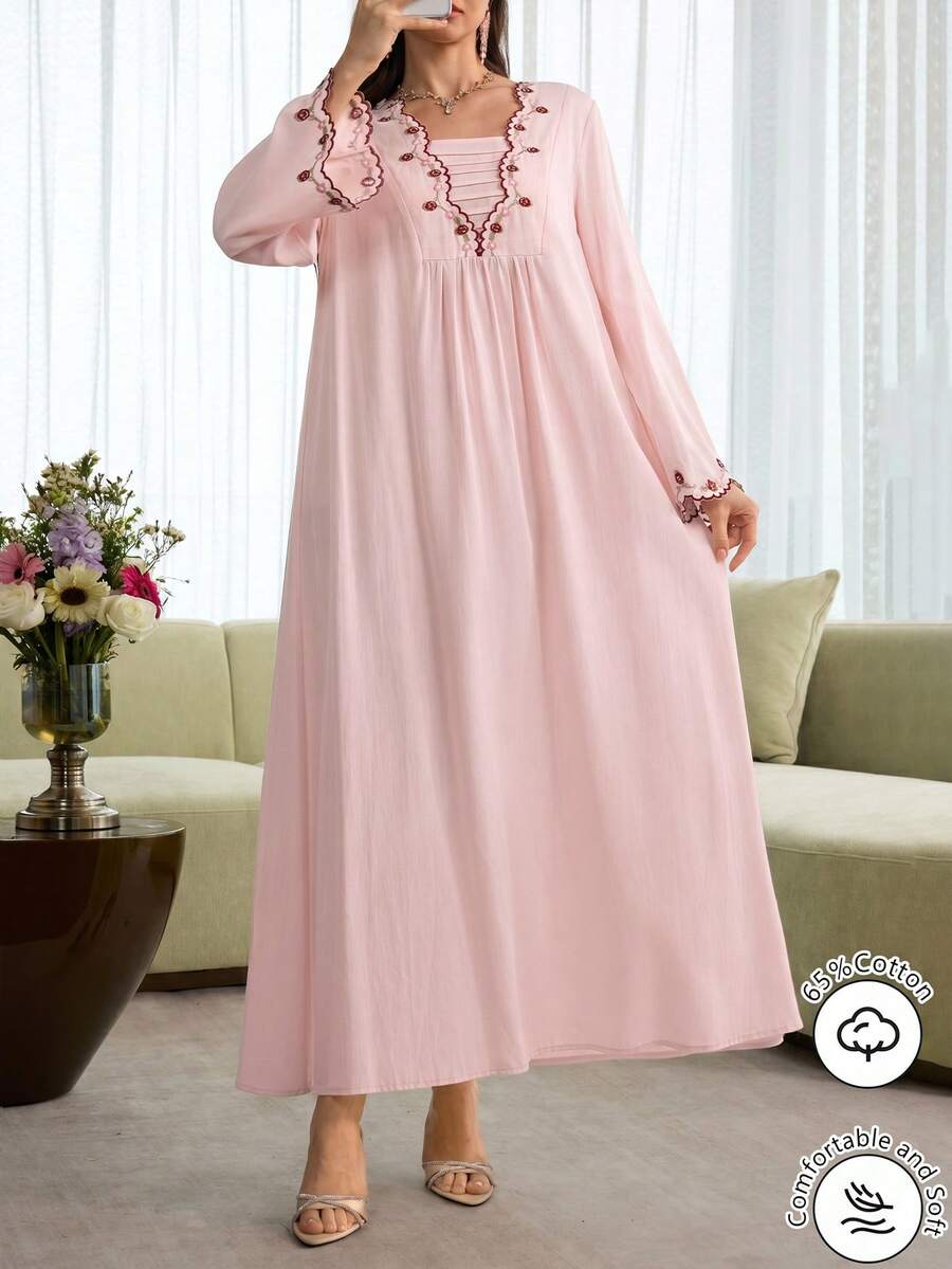 SHEIN Al Najma فستان وردي أنيق بأكمام واسعة مطرزة
