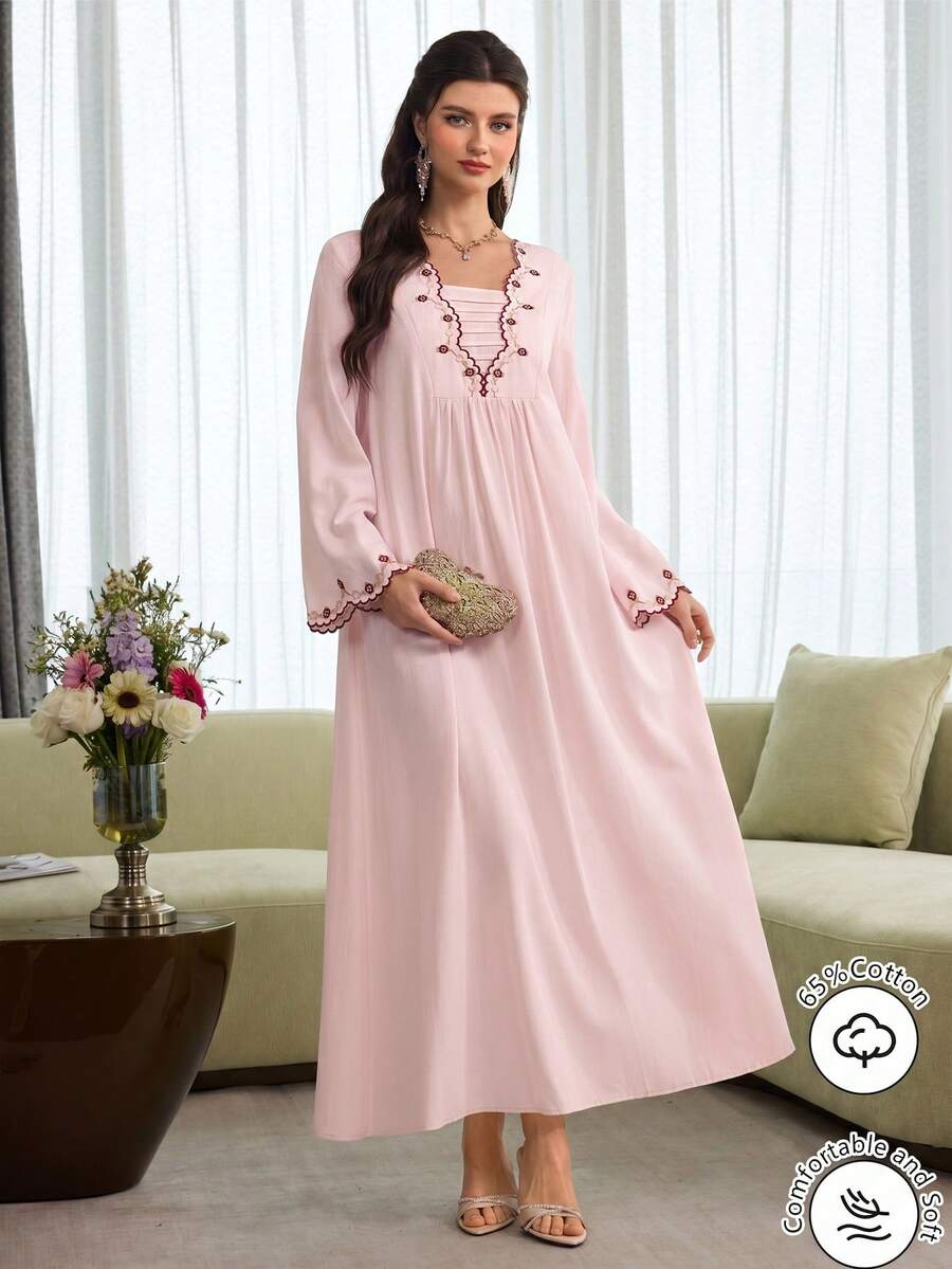 SHEIN Al Najma فستان وردي أنيق بأكمام واسعة مطرزة