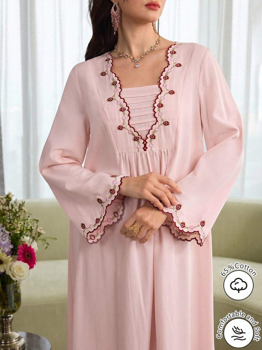 SHEIN Al Najma فستان وردي أنيق بأكمام واسعة مطرزة