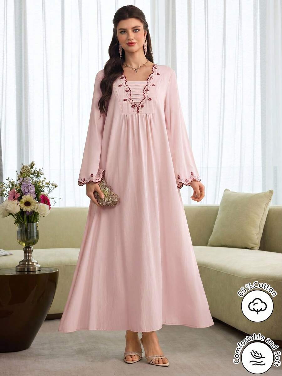 SHEIN Al Najma فستان وردي أنيق بأكمام واسعة مطرزة
