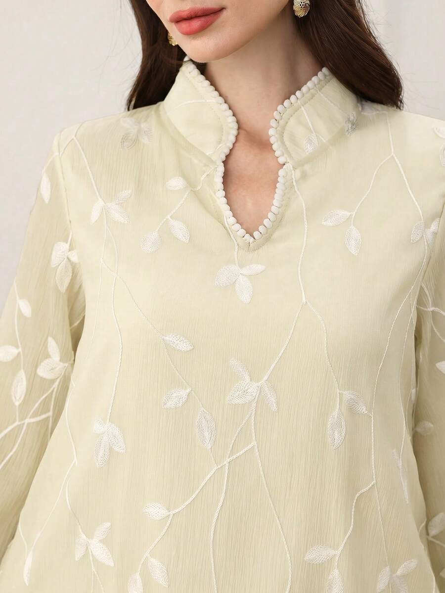 SHEIN Yasmyna فستان عربي مطرز بأكمام طويلة باللون المشمشي