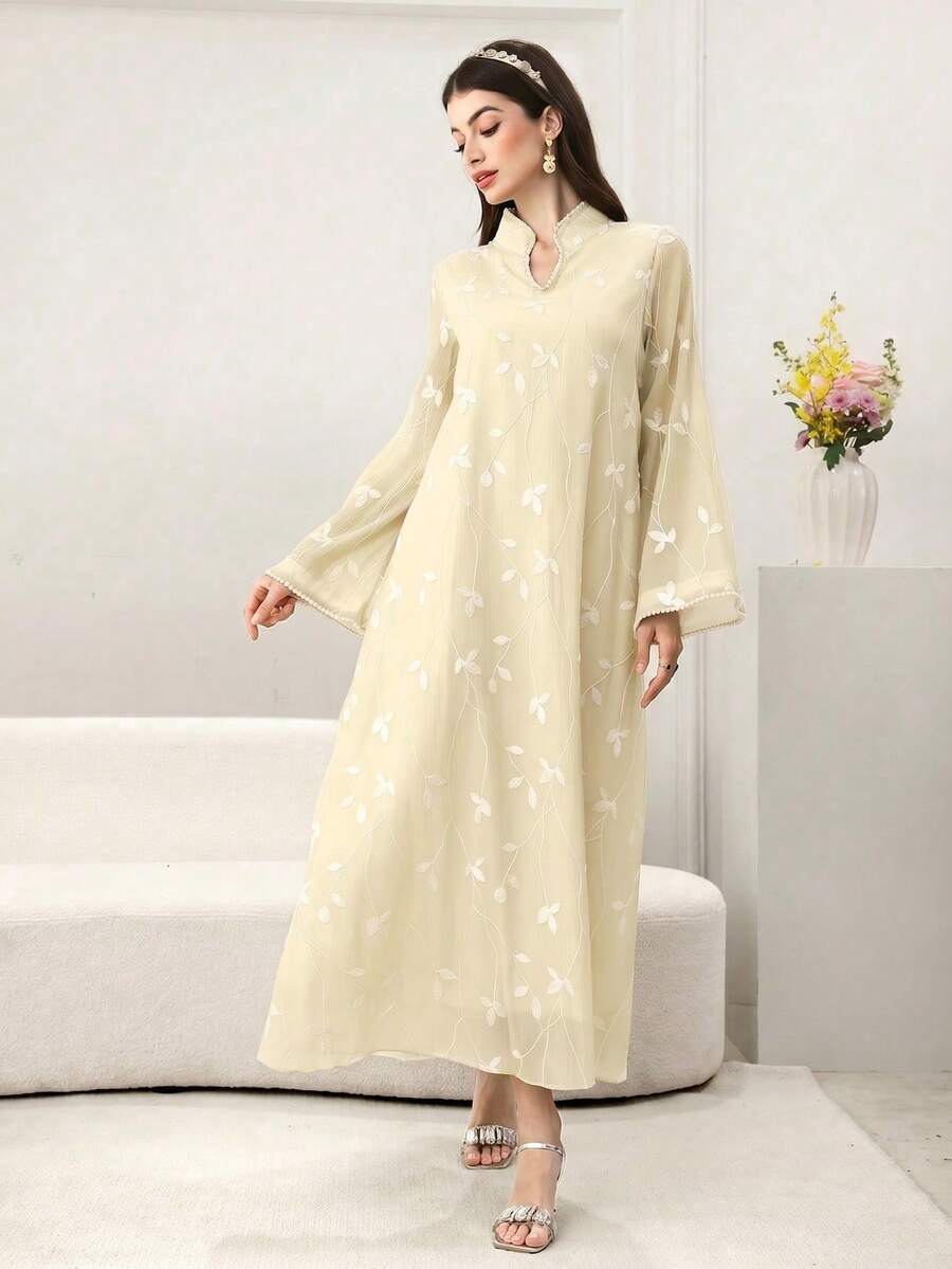 SHEIN Yasmyna فستان عربي مطرز بأكمام طويلة باللون المشمشي