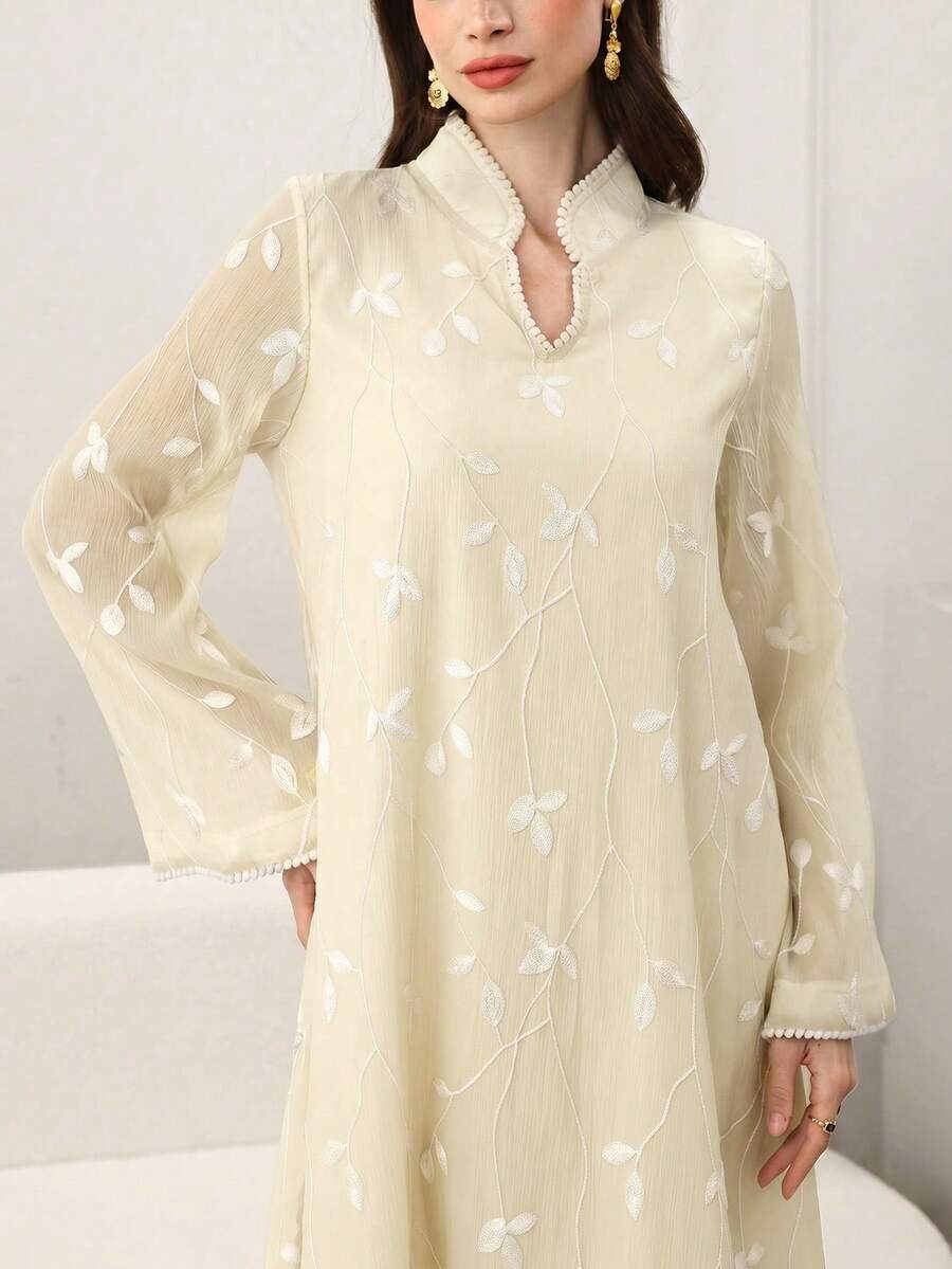 SHEIN Yasmyna فستان عربي مطرز بأكمام طويلة باللون المشمشي
