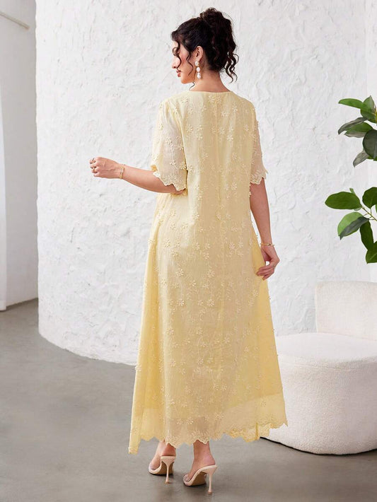 SHEIN Yasmyna فستان أصفر مطرز بأكمام قصيرة شفافة