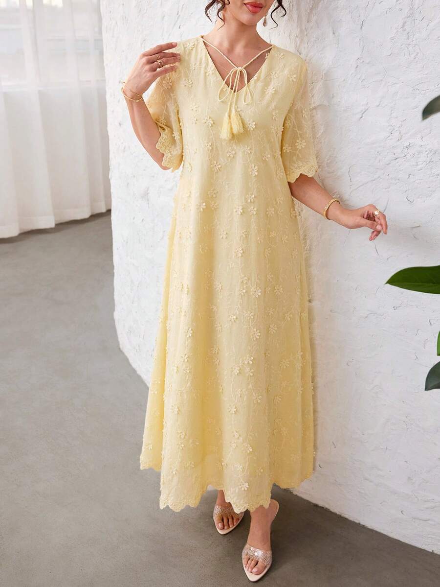 SHEIN Yasmyna فستان أصفر مطرز بأكمام قصيرة شفافة