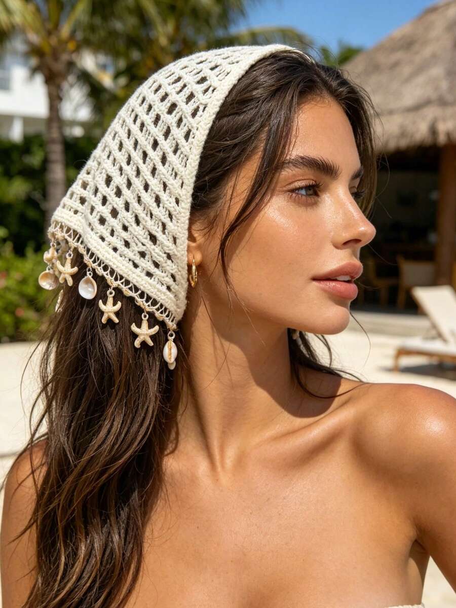SHEIN وشاح مثلث مجوف بقلادة نجمة البحر والصدفة للحماية من الشمس