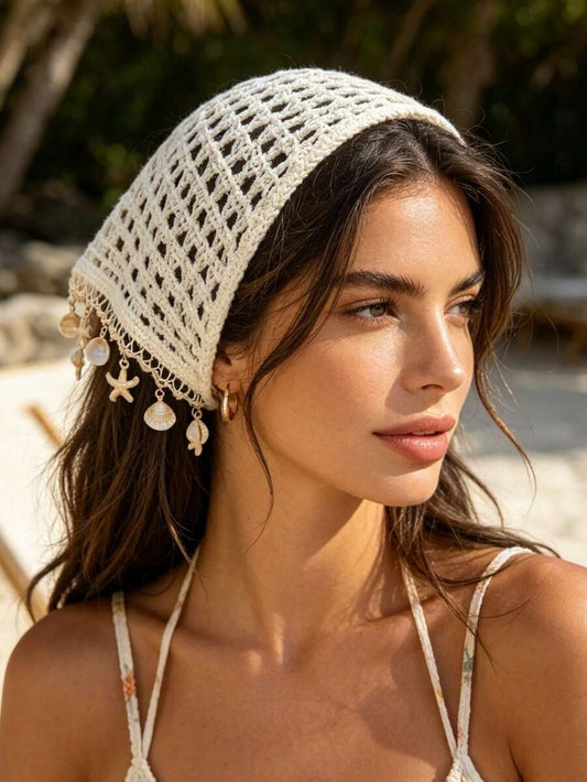 SHEIN وشاح مثلث مجوف بقلادة نجمة البحر والصدفة للحماية من الشمس