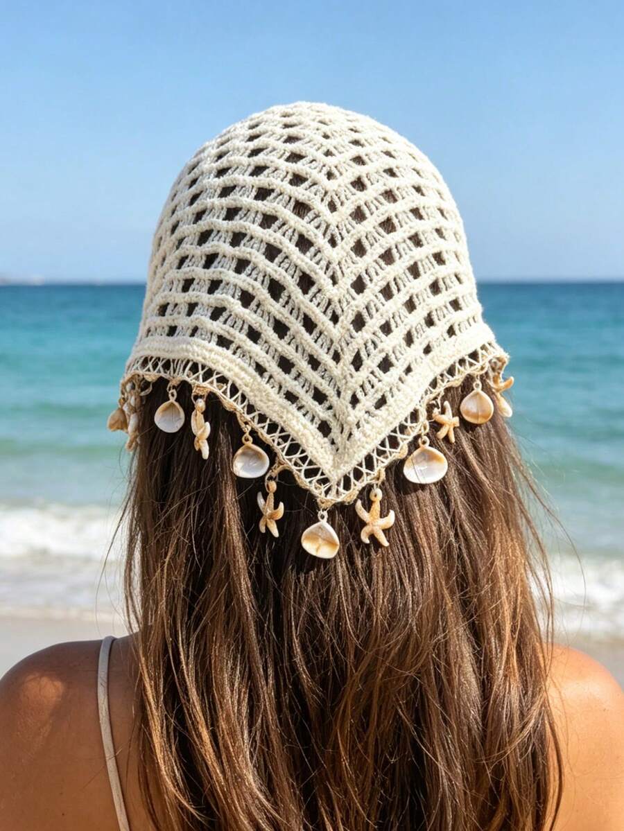 SHEIN وشاح مثلث مجوف بقلادة نجمة البحر والصدفة للحماية من الشمس