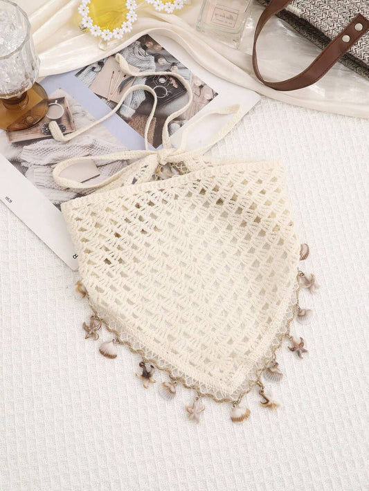 SHEIN وشاح مثلث محبوك بلون بيج بنقشة نجمة البحر والأصداف