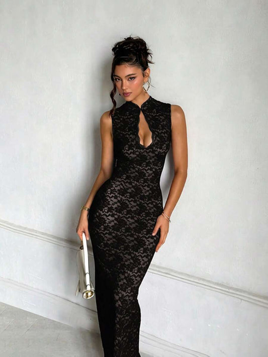 SHEIN فستان تشيونغسام أسود ضيق بتطريز دانتيل فاخر وأنيق