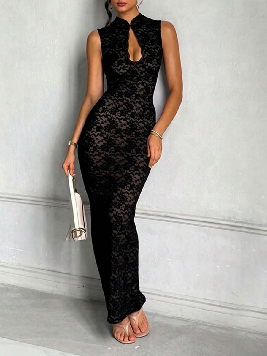 SHEIN فستان تشيونغسام أسود ضيق بتطريز دانتيل فاخر وأنيق