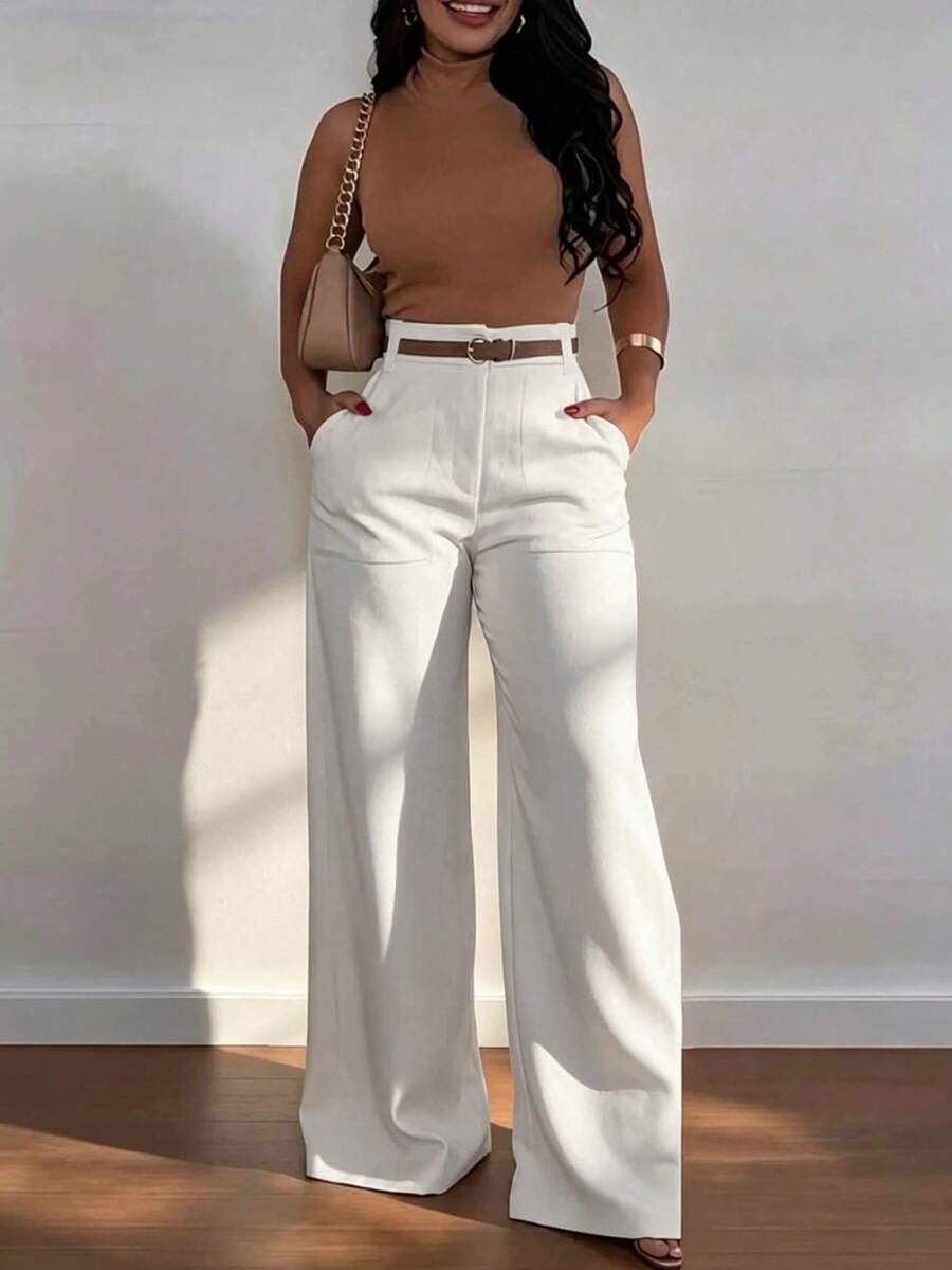 SHEIN بنطلون أبيض طويل بخصر عالي بساق مستقيمة واسعة مع جيوب