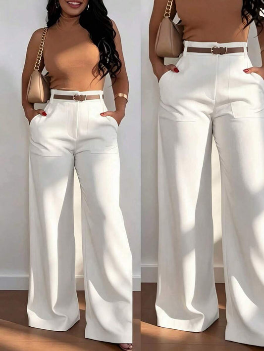 SHEIN بنطلون أبيض طويل بخصر عالي بساق مستقيمة واسعة مع جيوب