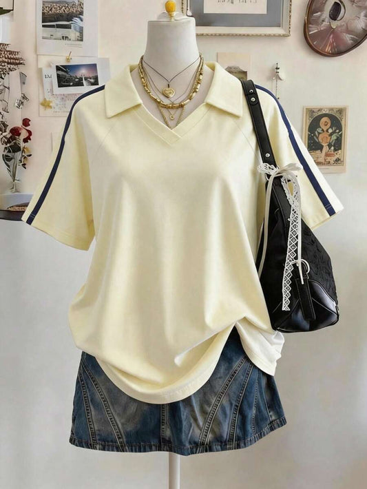 SHEIN Lalippa تي شيرت نسائي بأكمام قصيرة منسدلة بلون مشمشي