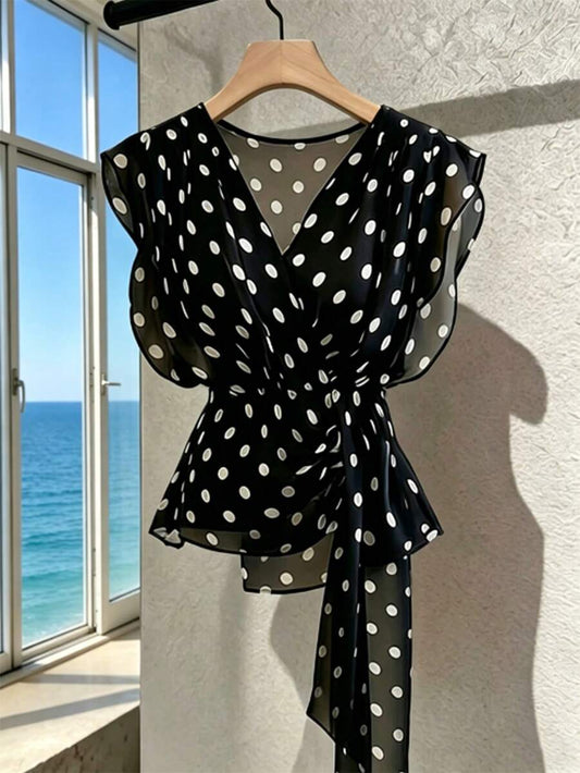 SHEIN Franclia بلوزة سوداء من الشبك بطبعة نقاط البولكا البيضاء