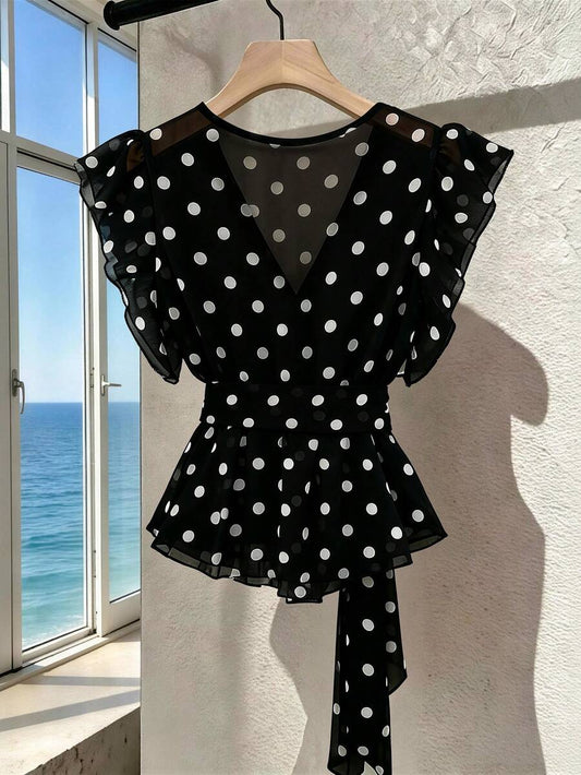 SHEIN Franclia بلوزة سوداء من الشبك بطبعة نقاط البولكا البيضاء