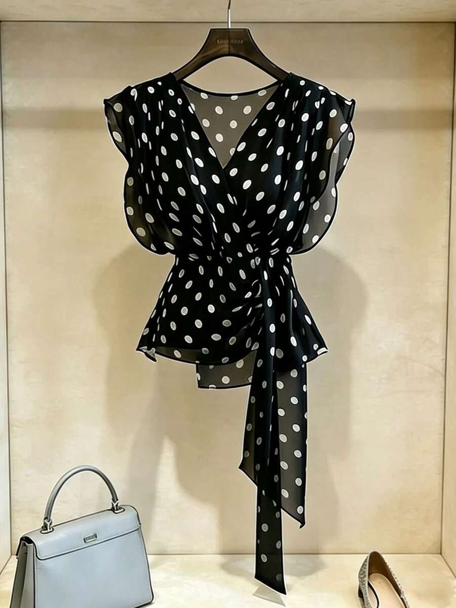 SHEIN Franclia بلوزة سوداء من الشبك بطبعة نقاط البولكا البيضاء