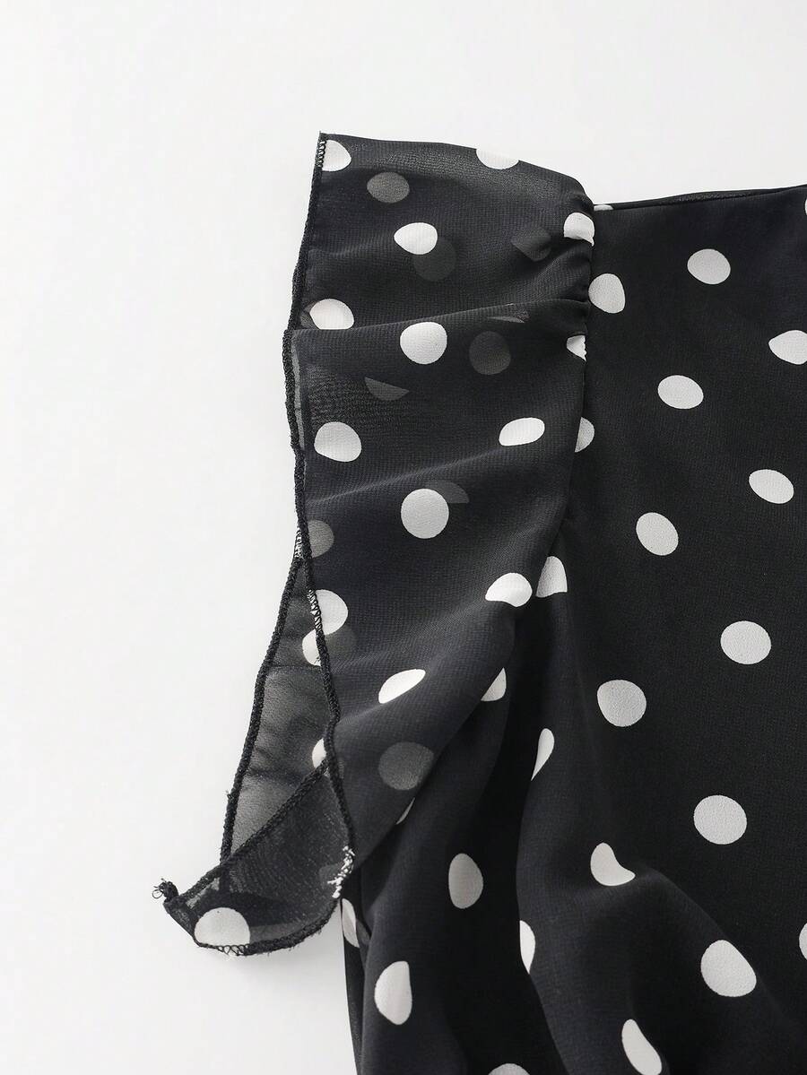 SHEIN Franclia بلوزة سوداء من الشبك بطبعة نقاط البولكا البيضاء