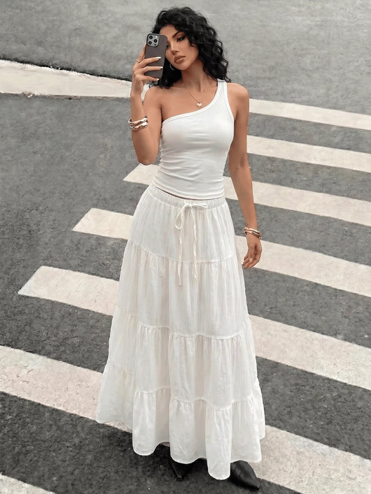 SHEIN تنورة بيضاء طويلة متعددة الطبقات برباط أمامي
