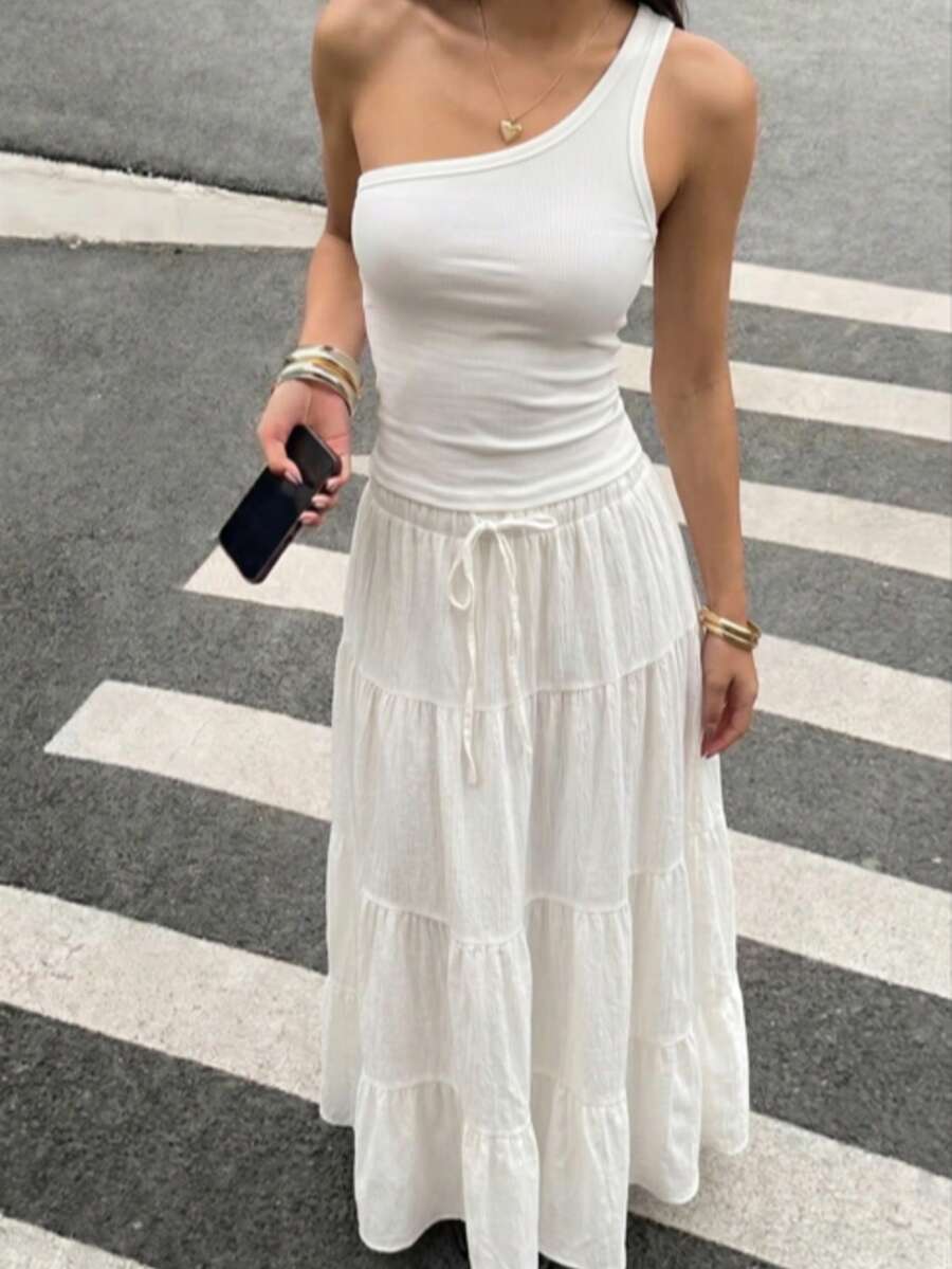 SHEIN تنورة بيضاء طويلة متعددة الطبقات برباط أمامي