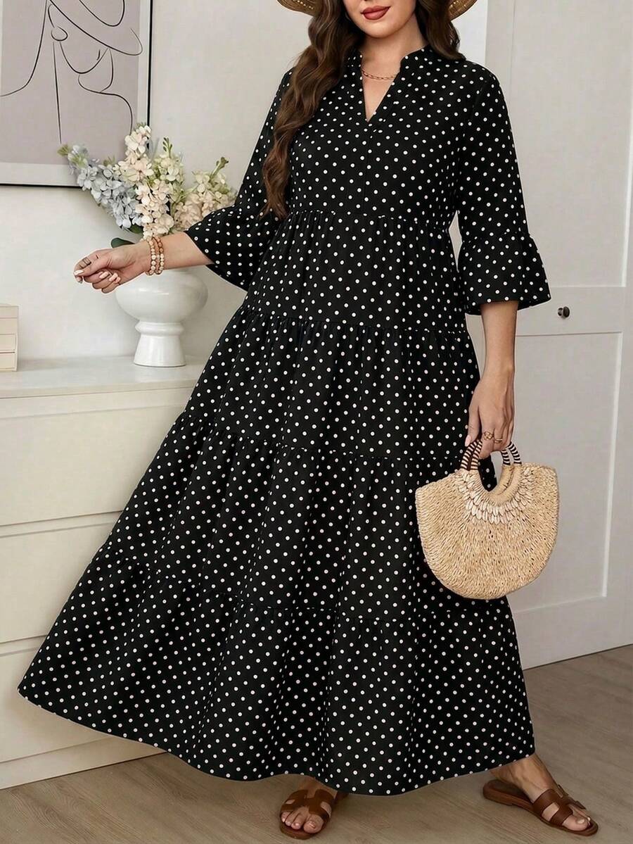 SHEIN LUNE فستان أسود كاجوال بنقشة نقاط بولكا وأكمام واسعة
