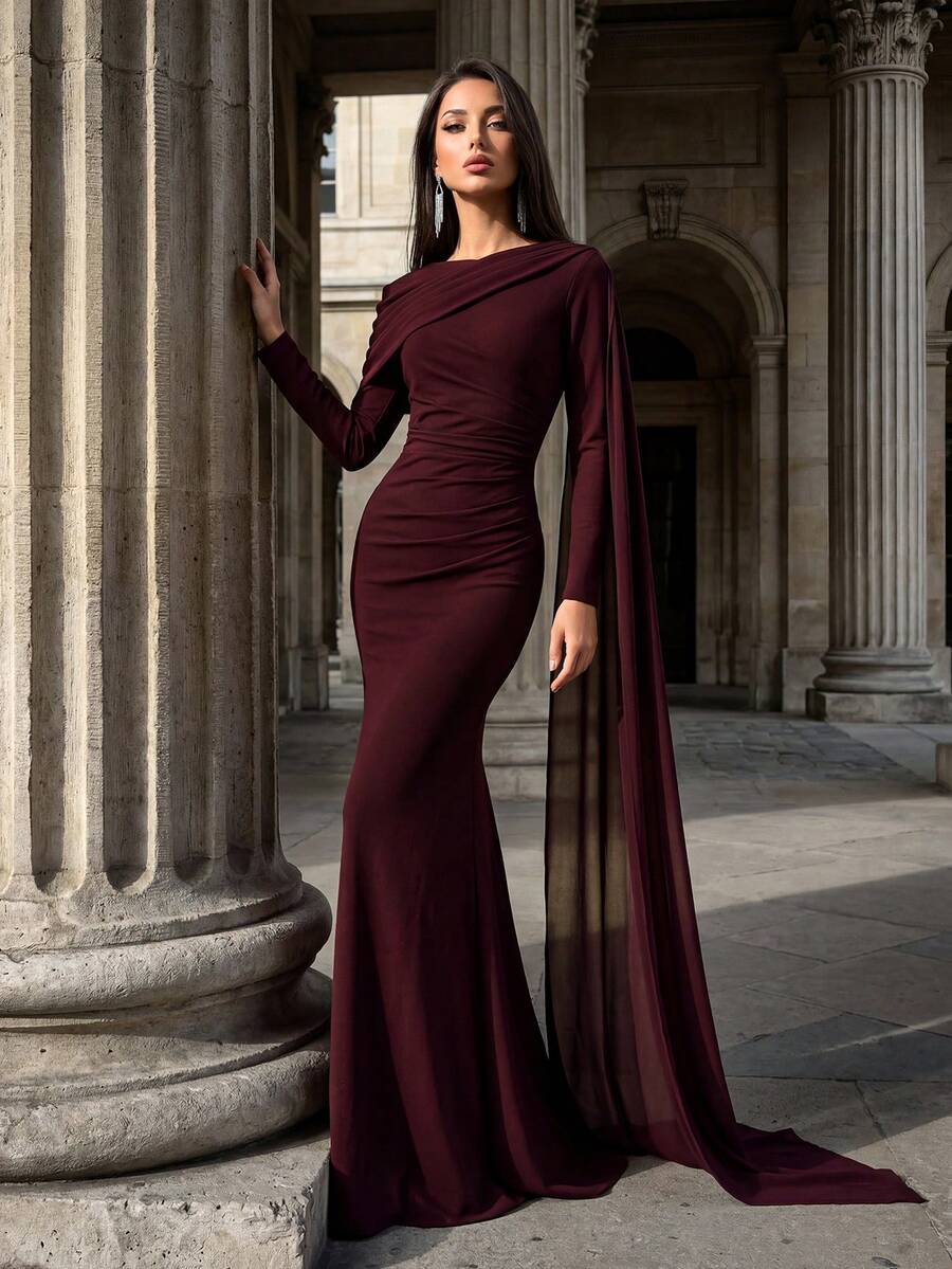 SHEIN Firerie فستان أنيق بقصة حورية وديكور مطوي وذيل صغير
