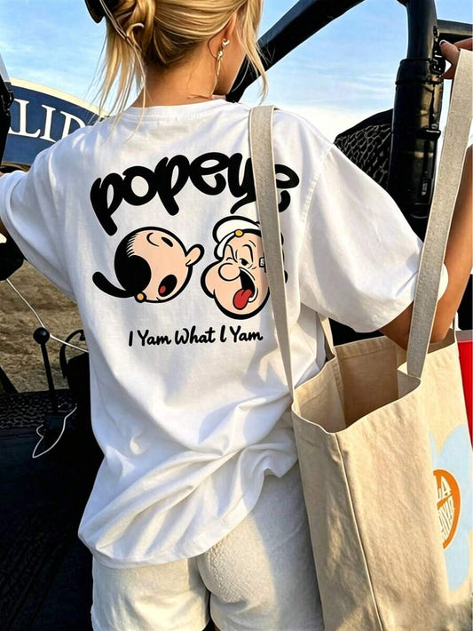 SHEIN تي شيرت أبيض بطباعة أنمي كرتونية بأكمام قصيرة