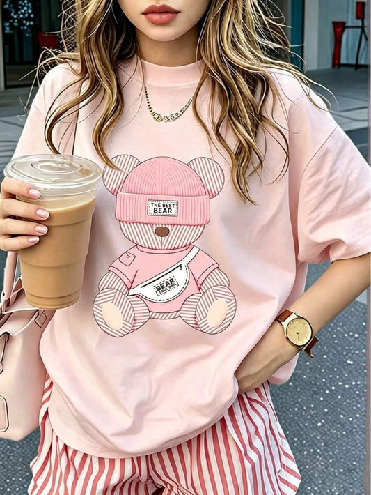 SHEIN تي شيرت وردي بطبعة دب كرتوني كاواي بأكمام قصيرة