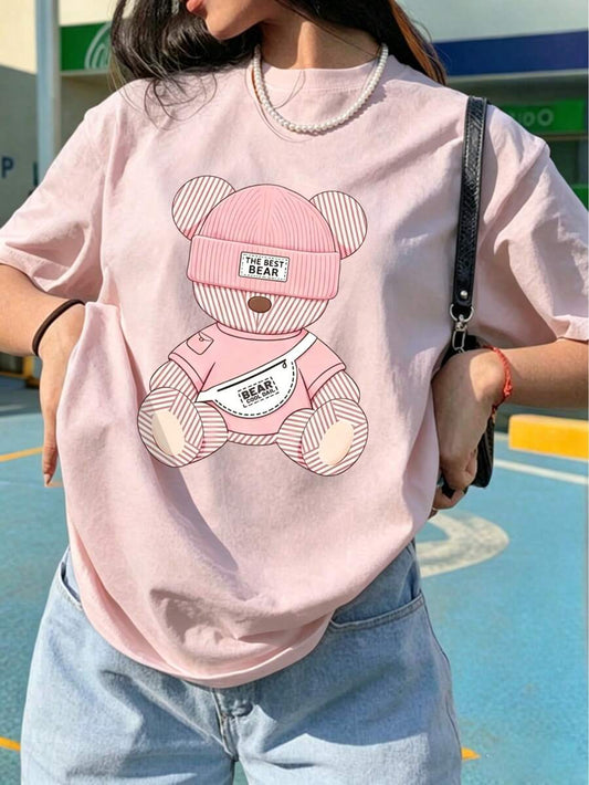 SHEIN تي شيرت وردي بطبعة دب كرتوني كاواي بأكمام قصيرة