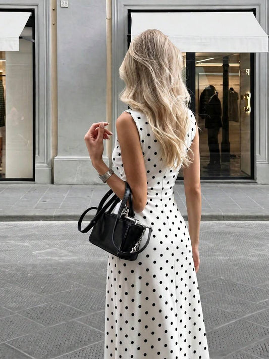 SHEIN Firerie فستان ماكسي أبيض بنقاط سوداء بدون أكمام
