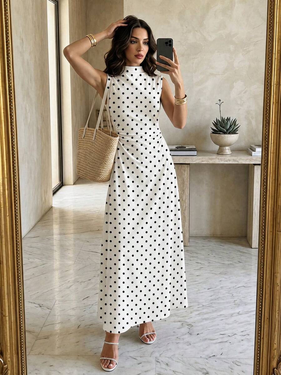 SHEIN Firerie فستان ماكسي أبيض بنقاط سوداء بدون أكمام