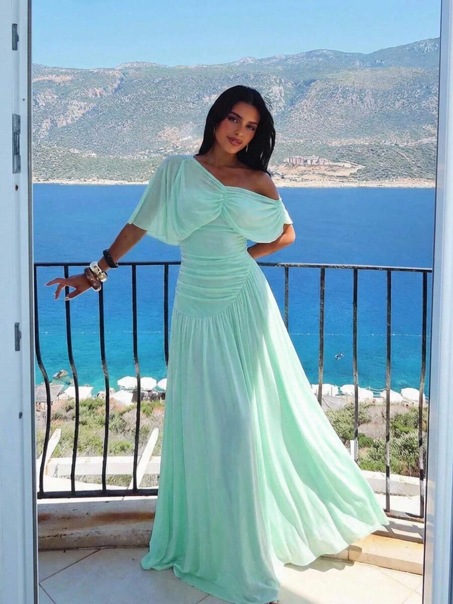 SHEIN Aloruh فستان أخضر نعناعي من الشبك مكشوف الكتفين بكشكشة